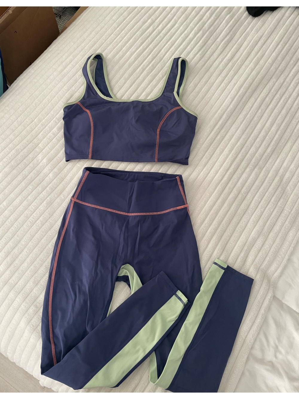 Fabletics Navy Legging with Coral Stitching and Pale Yellow Logo